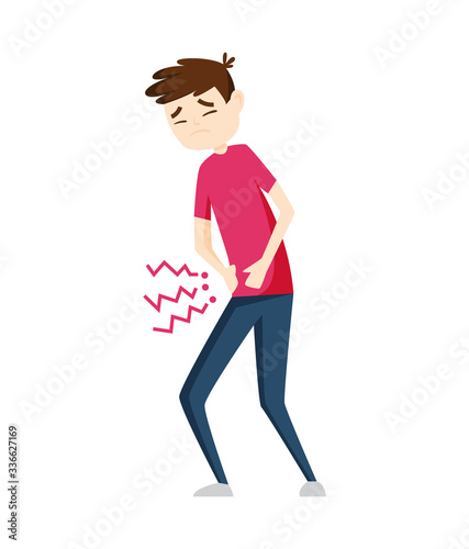Man having stomachache symptoms of appendicitis with large, small intestine and appendix. Young man clutched his stomach. Abdominal pain. Appendix disease, emergency case