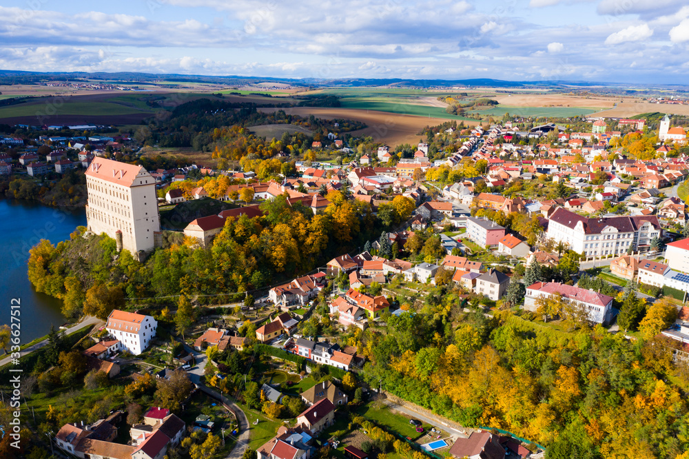 Aerial view of medieval castle Plumlov. City of Plumlov. Czech Republic