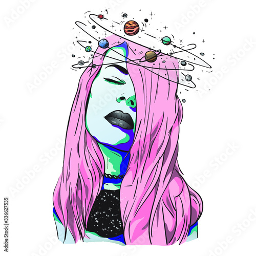 Space Enjoying Girl with black lips and planets above her head on background of the universe with a black hole inside the chest