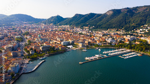 Panoramic view from the drone on the city Como. Italy