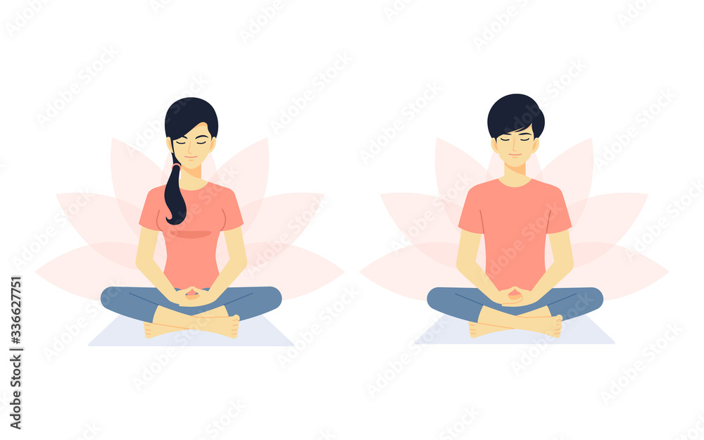girl and boy character in meditation pose girl and boy character in meditation pose