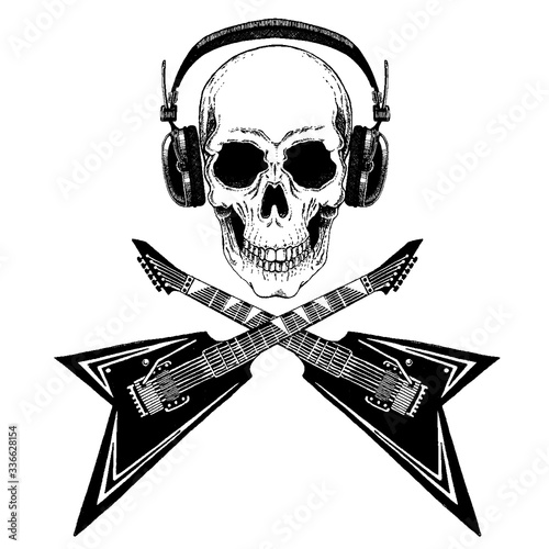 Vector skull in headphones with guitars. Logo for shirt, musical online school, internet education, tattoo, poster.