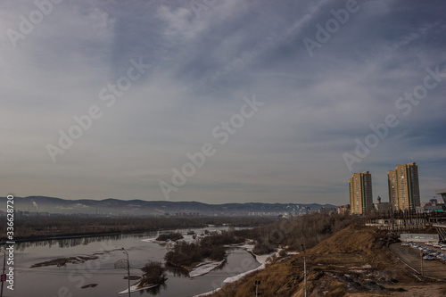View of the city and the embankment of the Yenisei River in Krasnoyarsk, Siberia, Russia