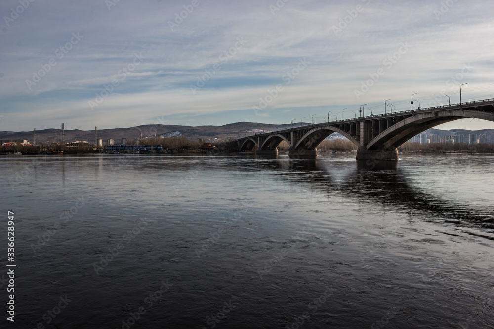 View of the city and the embankment of the Yenisei River in Krasnoyarsk, Siberia, Russia