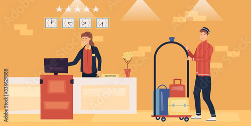Hotel Service And Staff Concept. Smiling Porter is Carrying Luggage On the Trolley And Friendly Woman Receptionist Is Standing At The Desk Typing On Computer. Cartoon Flat Style Vector illustration