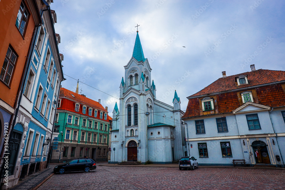 Blue sky under Our Lady of Sorrows Church, Riga
