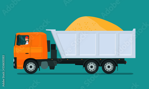 Heavy tipper with a driver and with sand isolated. Vector flat style illustration.