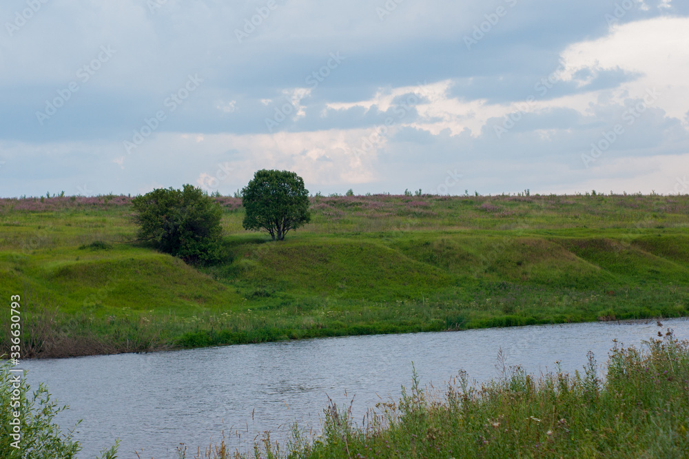 River landscape with a hill and trees on the other Bank