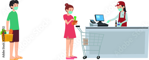 Group of people do social distancing queue on grocery
