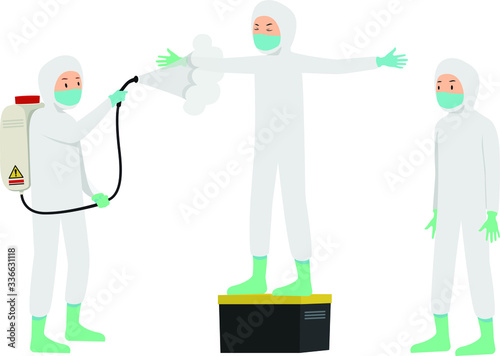 Medical worker spray disinfectant to his partner to prevent covid 19
