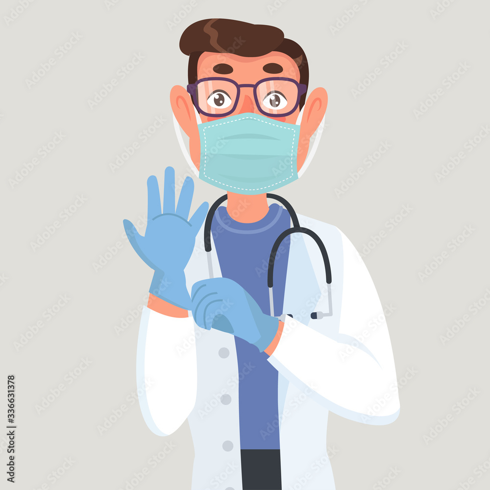 Doctor in a mask on his face puts gloves on his hands in cartoon stye on white background. A young man in a medical coat is protected from viruses isolated. Flat vector illustration