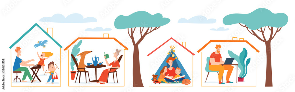 Stay at home vector quarantine illustration with family spend time together Stay at home vector quarantine illustration with family spend time together