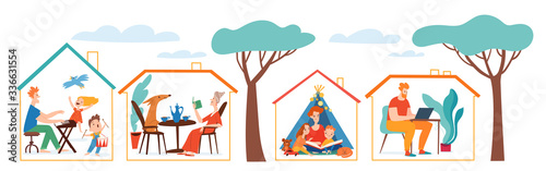Stay at home vector quarantine illustration with family spend time together