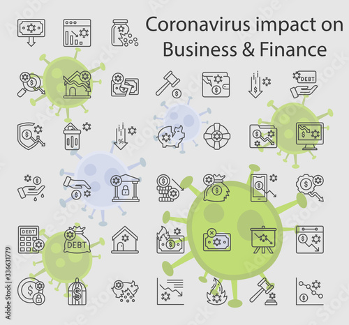 Socio-economic impact of the 2019–20 coronavirus pandemic Vector Icon set,  Bankruptcy and financial crisis symbol on white background,  Economic consequences after novel spreading Design Symbol, 