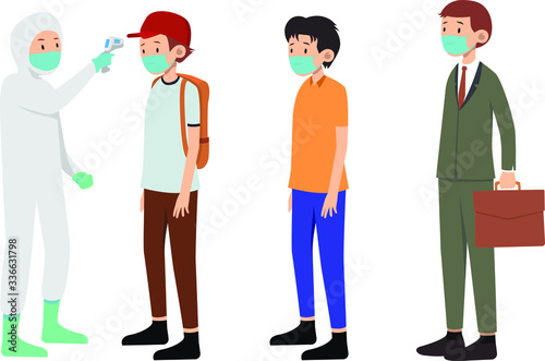 Medical worker do temperature check on some people
