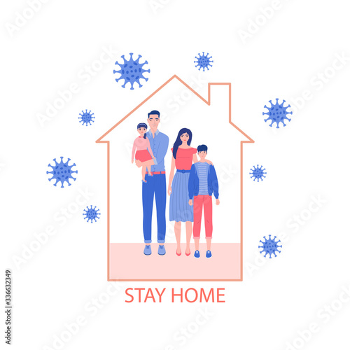 Banner template, stay at home. The family is in self-isolation, the concept of protection from the coronavirus. Vector illustration in a modern style.