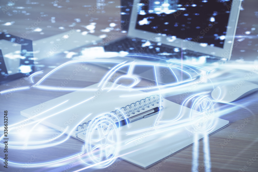 Naklejka premium Desktop computer background in office with automobile hologram drawing. Multi exposure. Tech concept.