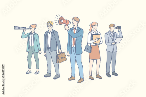 Business team, promotion, recruitment, focus group concept. Team of young businessmen, women clerks managers coworkers together. Office teamwork. Work of focus group. Financial promotion, recruitment.