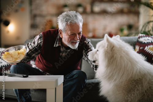 Old man with his best friend. senior man in living room with his dog.	