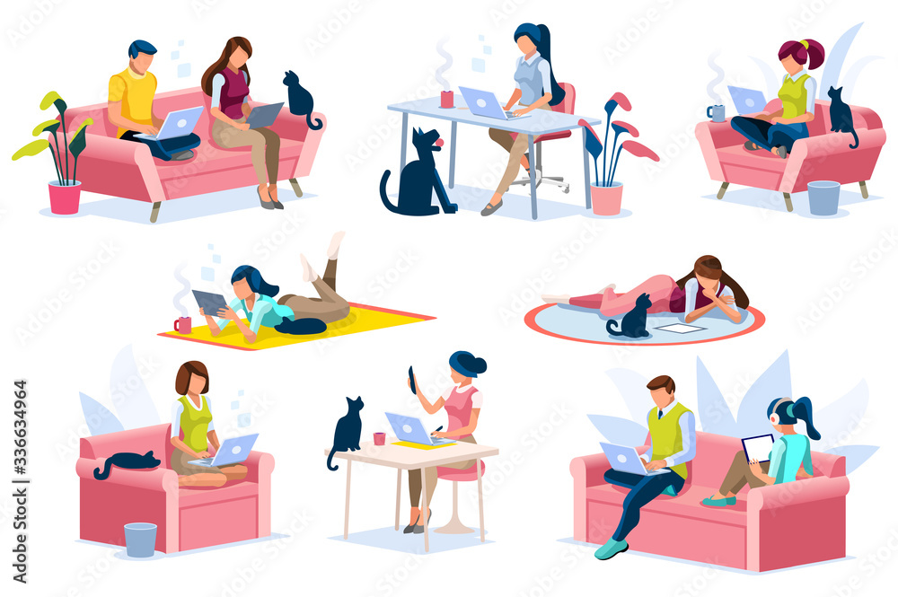 Home with girl working in isolation. Homes equipment to working home. Education on smart home for smart woman, homes digital work. Clothes for homes life isolated cartoon character vector illustration