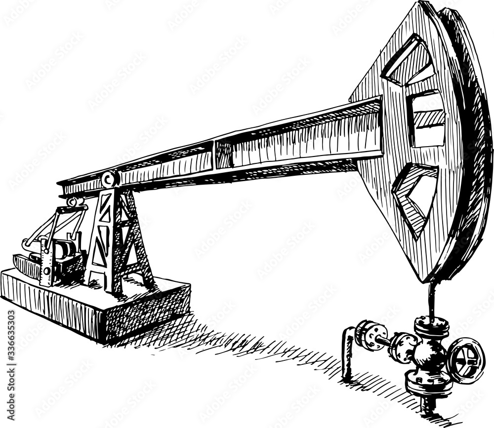 pumpjack vector sketch hand drawn black and white Stock Vector Adobe