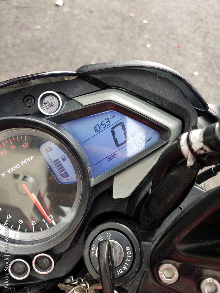 Motorcycle meter panel. Contain many indicators such as odometer, speed, rpm,  fuel level etc.  It helps riders while riding a motorcycle.