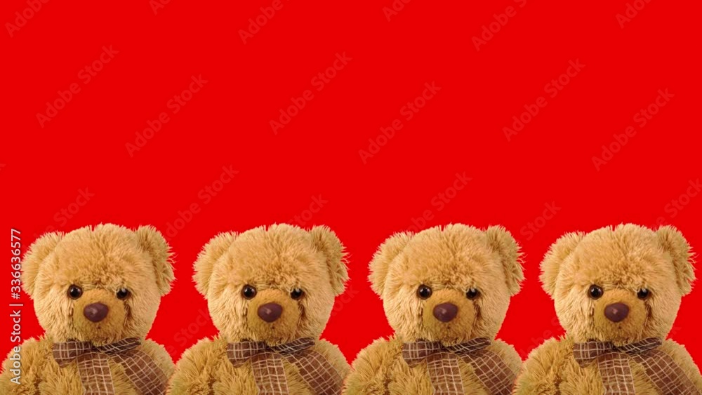Teddy bears on a red background. Chroma key. Green screen. Children's toy in motion. Favorite toy. Childhood. Dancing Teddy Bear. Graphics for a nightclub, concert, performance. Teddy bears on a red background. Chroma key. Green screen. Children's toy in motion. Favorite toy. Childhood. Dancing Teddy Bear. Graphics for a nightclub, concert, performance.