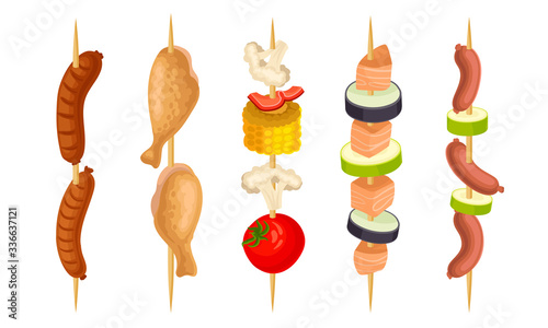 Meat Slabs and Sliced Vegetables on Skewers or Wooden Sticks Cooked on Grill Vector Set