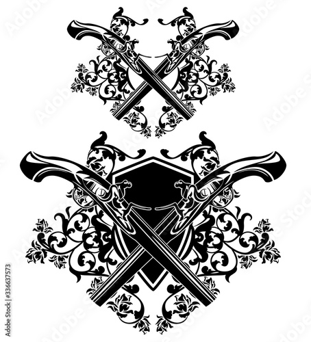 antique dueling pistols crossed against heraldic shield with rose flower ornament - black and white vector coat of arms design for security and guard concept