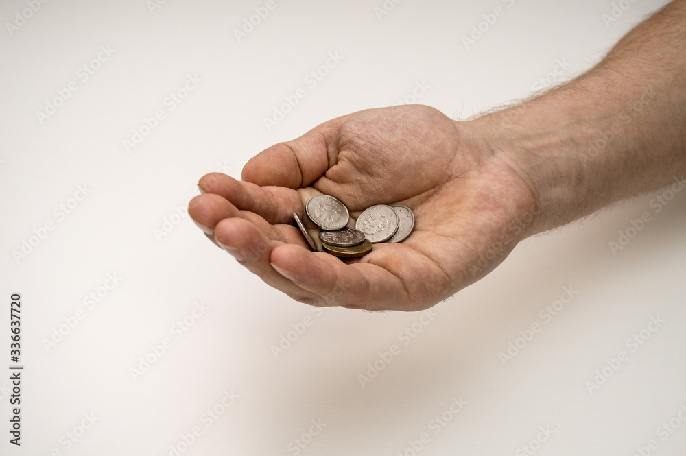 Poor man's hands with russian coins, poverty concept