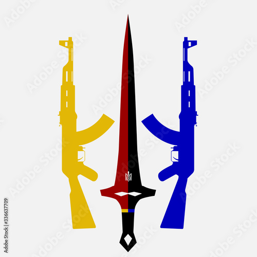 two assault rifles and a sword