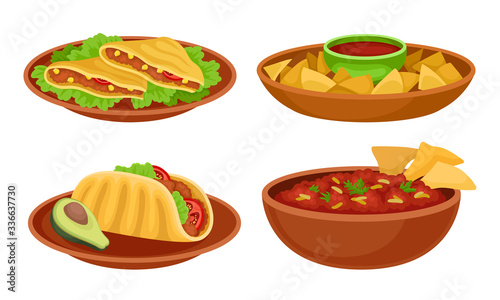 Bowl with Baked Beans and Guacamole with Nachos Vector Set