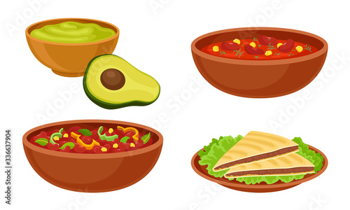 Bowl with Baked Beans and Tacos or Burrito Food Vector Set