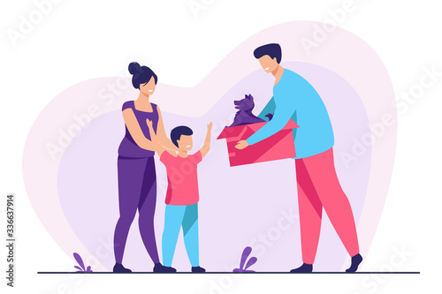 Happy family with child adopting pet. Father giving box with puppy dog to his son. Vector illustration for animal care, adoption, charity concept