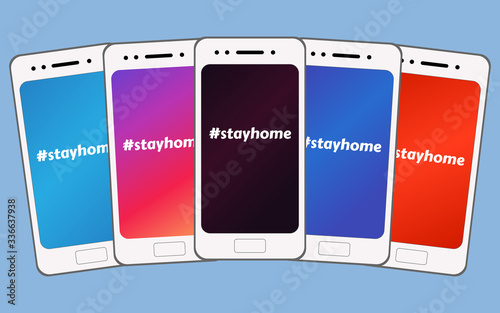 Stay Home awareness social media campaign for coronavirus COVID-19 prevention. Set of white smartphones with popular social media colors on screen.