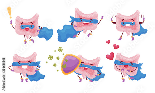 Cartoon Intestine Wearing Mask and Cloak Guarding Against Microbes Holding Shield Vector Set