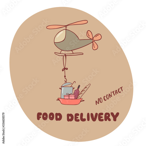 Food delivery, no contact - hand drawing color doodle illustrtion with helicopter express delivers food, meal basket. Vector stock written sign for shipping company. EPS10