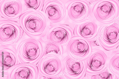 Creative pattern with pink paper rose flower on pastel color background.