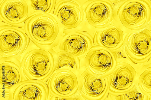 Creative pattern with yellow paper rose flower on pastel color background.