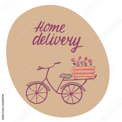Home delivery, no contact - hand written sign with doodle illustration bicycle, flowers basket. Vector stock illustration for delivery company, shop, cafe, flowers shop. EPS10