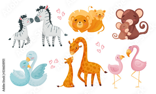 Zoo Mom Animals with Their Cubs Hugging and Cockering Them Vector Set