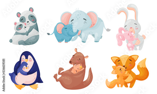 Zoo Mom Animals with Their Cubs Hugging and Cockering Them Vector Set