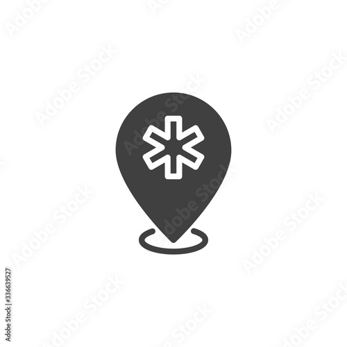Pharmacy location pin vector icon. filled flat sign for mobile concept and web design. Drugstore map marker glyph icon. Symbol, logo illustration. Vector graphics