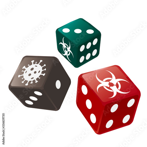 Casino Dice with biohazard and coronavirus symbols.
Illustration of three colorful dices symbolizes the risk of health during a pandemic. Vector available.