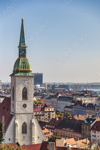 St Martin Cathedral clock tower and Bratislava city view