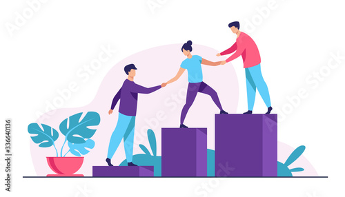 Employees giving hands and helping colleagues to walk upstairs. Team giving support, growing together. Vector illustration for teamwork, mentorship, cooperation concept