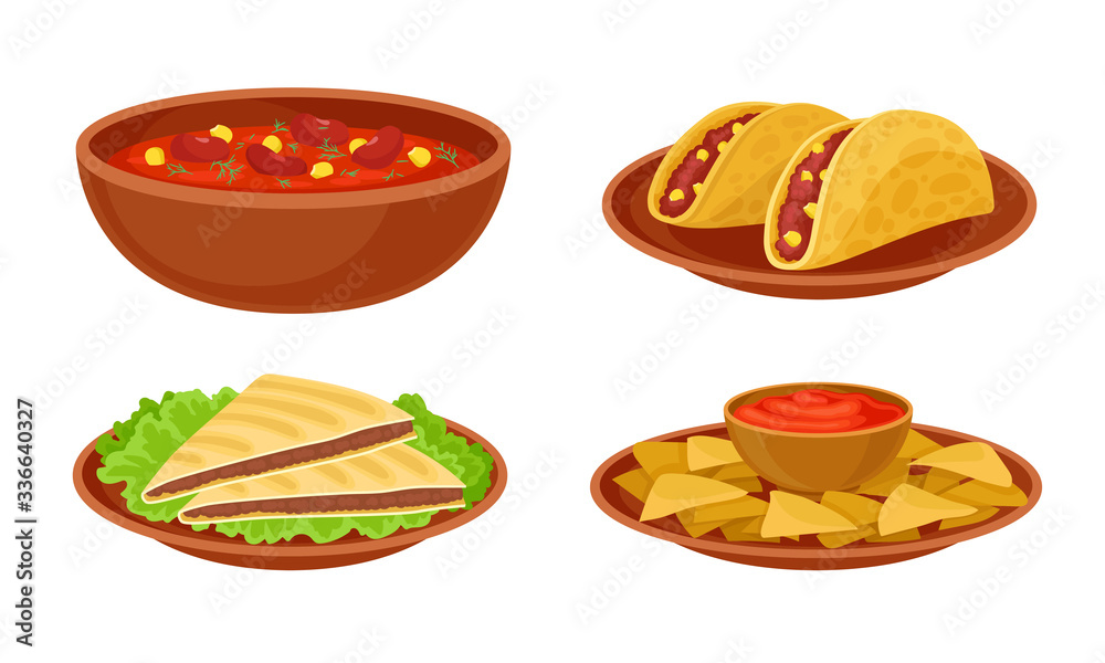 Bowl of Baked Beans with Vegetables and Tacos Vector Set Bowl of Baked Beans with Vegetables and Tacos Vector Set