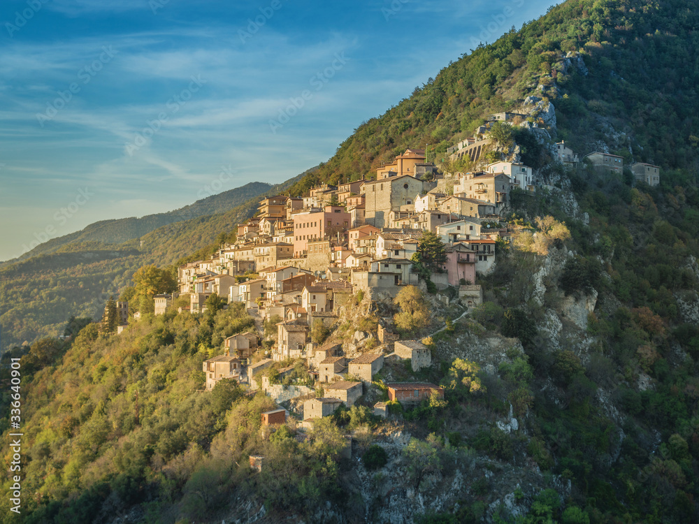 View of the small village of Ascrea, during a sunny day in autumn, near Rieti, Lazio, Italy.