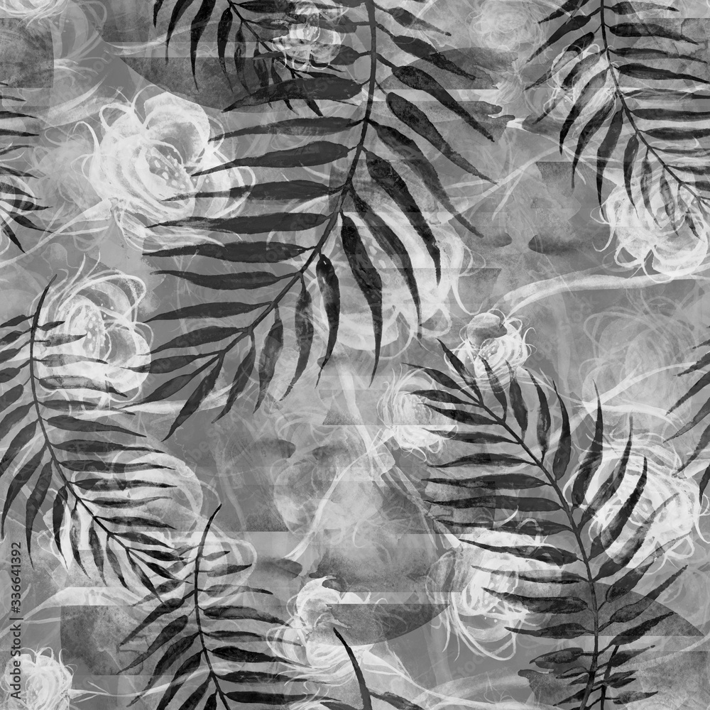Fototapeta Watercolor vintage seamless pattern, floral pattern, roses,palm leaf. Plants, flowers, grass in floral background. A bouquet of flowers in watercolor. Abstract flower silhouette, rose, poppy, branch.