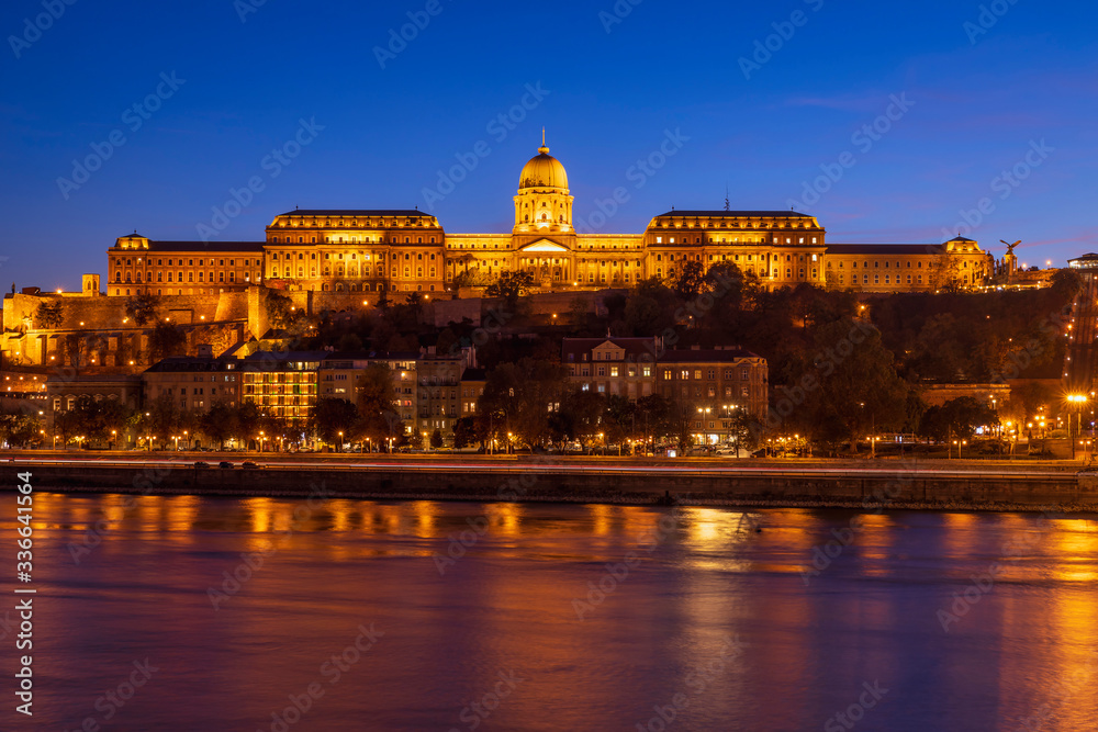 Royal Palace and Danube twilight view in Budapest city, Hungary